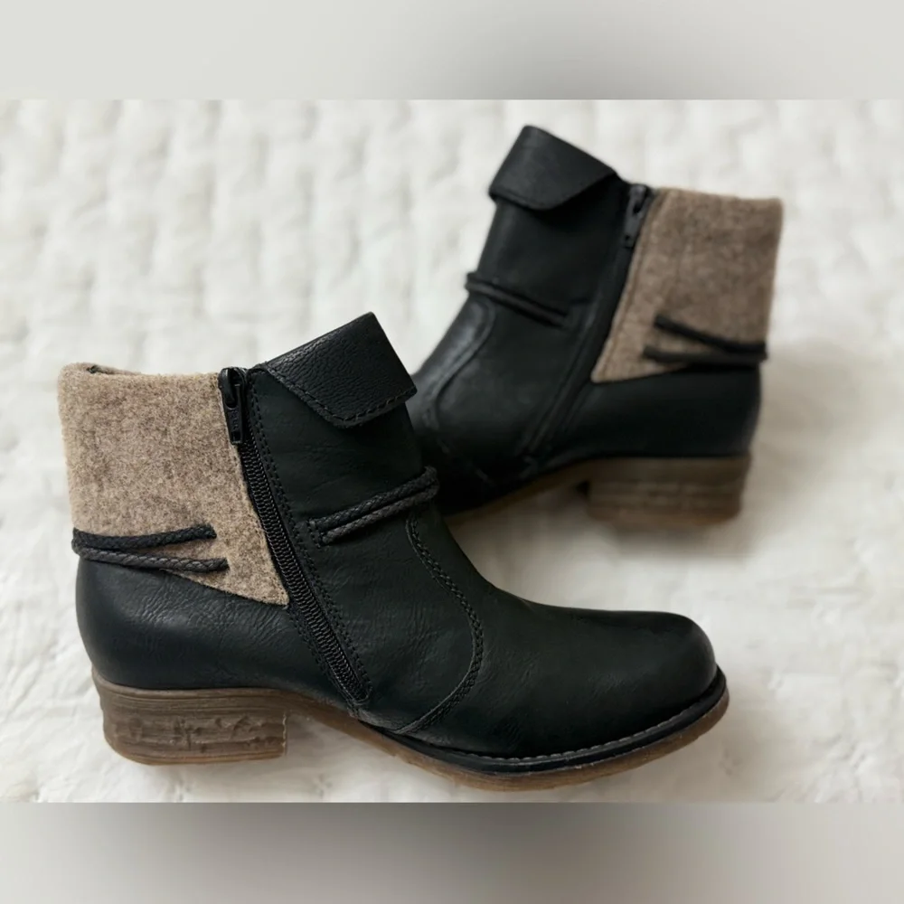 Rieker Fee 93 Black Faux Leather Ankle Boots Booties Women Size 38/7-7.5 Tassels